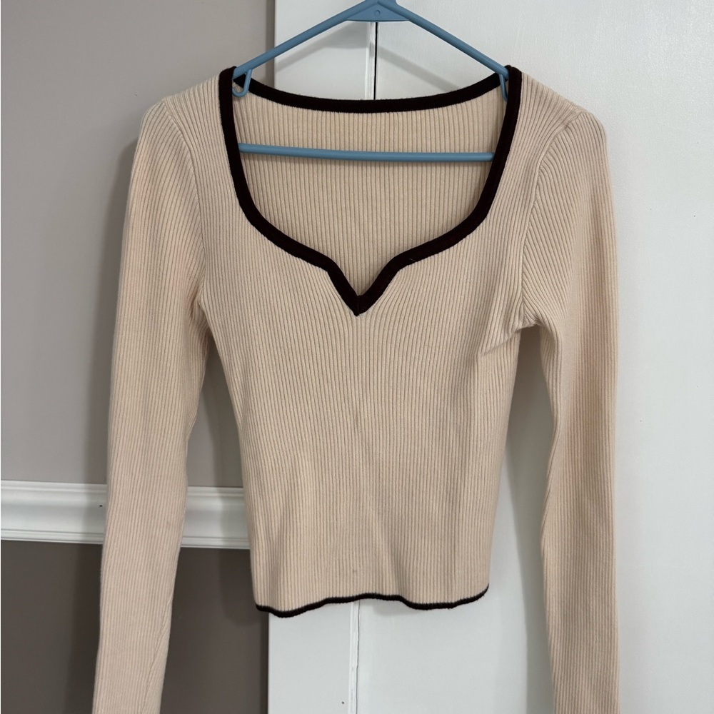 Cream Ribbed Long Sleeve Top